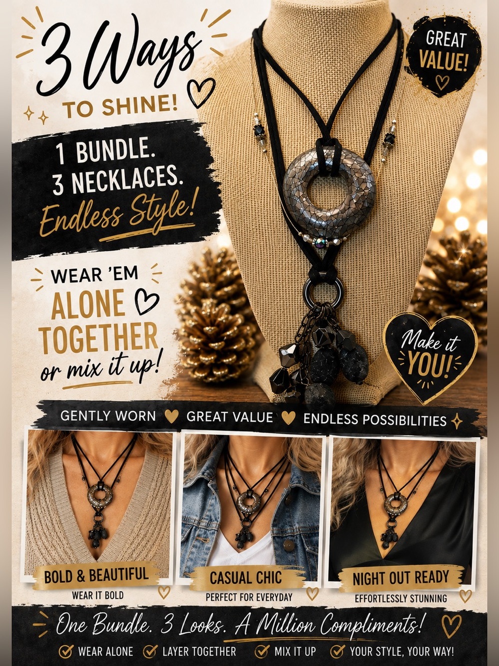 Black Mosaic Donut Pendant Layered Bundle of 3 Necklaces